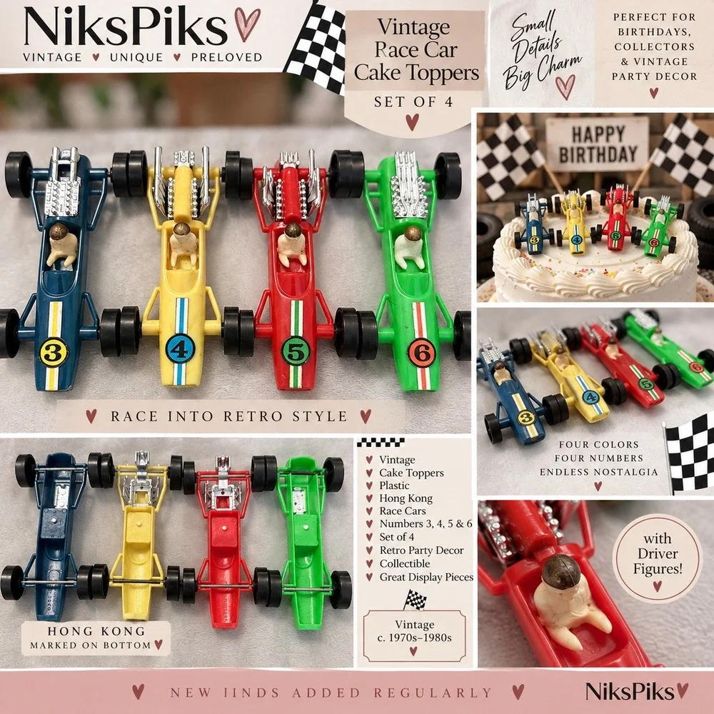 Vintage Race Car Cake Toppers Set of 4 Hong Kong #3 #4 #5 #6 Plastic